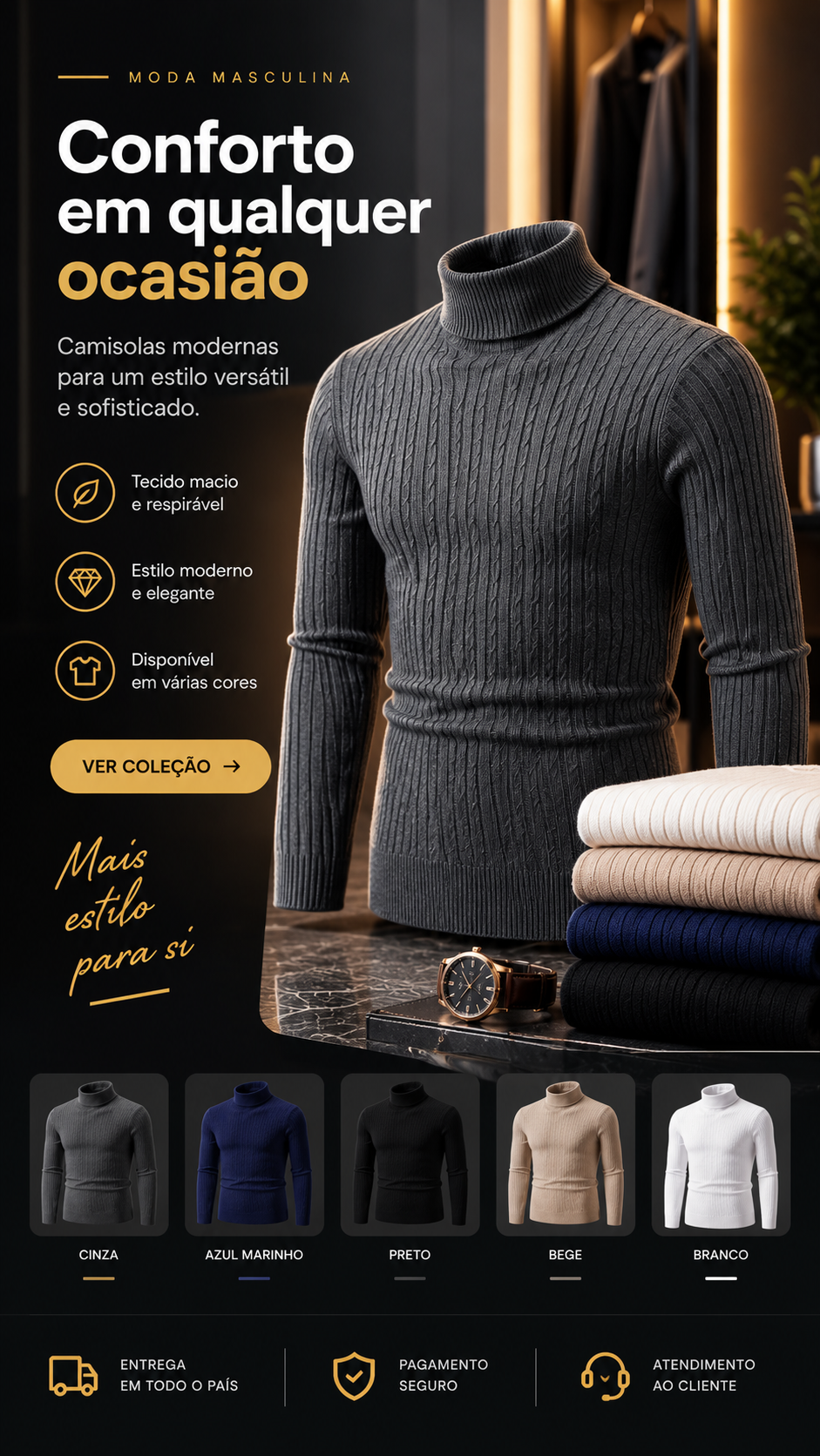 Suéter masculino de gola alta em cor sólida