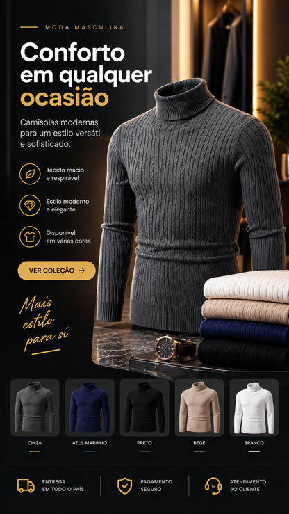 Suéter masculino de gola alta em cor sólida