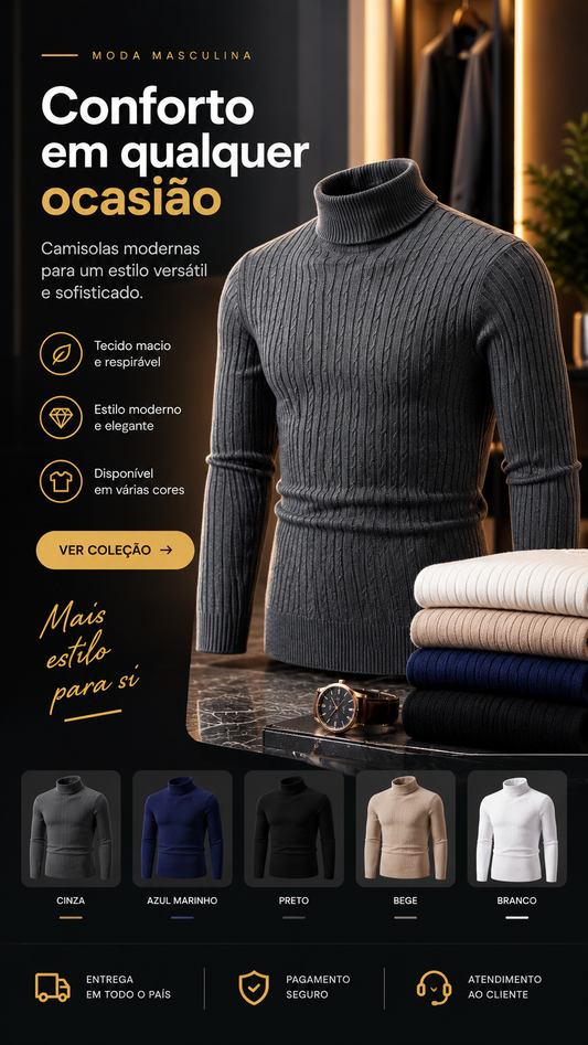 Suéter masculino de gola alta em cor sólida
